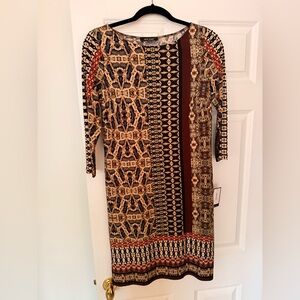 Nine West Brown and Black Patterned Long Sleeve Dress
